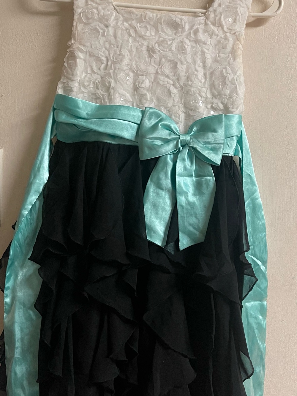 Rare Editions White Bodice Black Ruffle Dress with Aqua Satin Bow